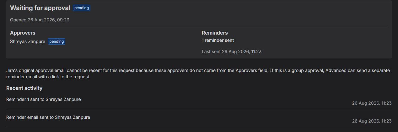 Approval Nudge request panel showing the pending approver, reminder count and the recorded reminder email action
